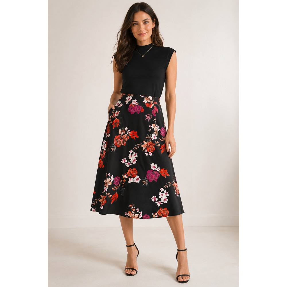 Gentle Fawn Floral A-Line Midi Skirt Black Satin Look Side Zip Size 6